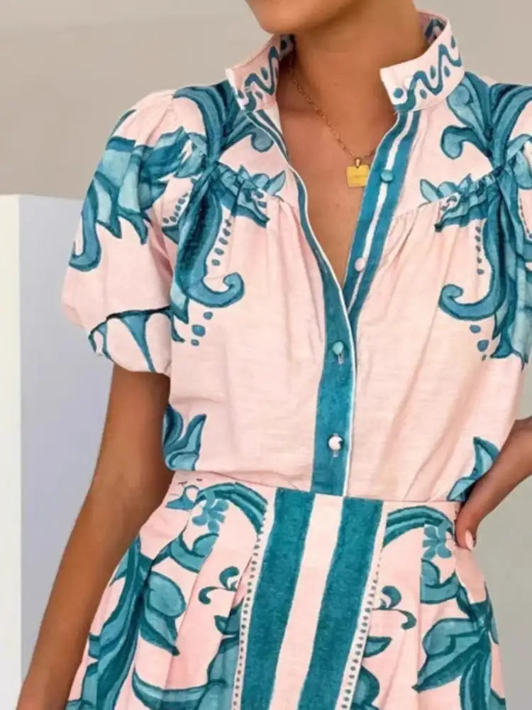 Printed Puff Sleeve Top and Skirt Set