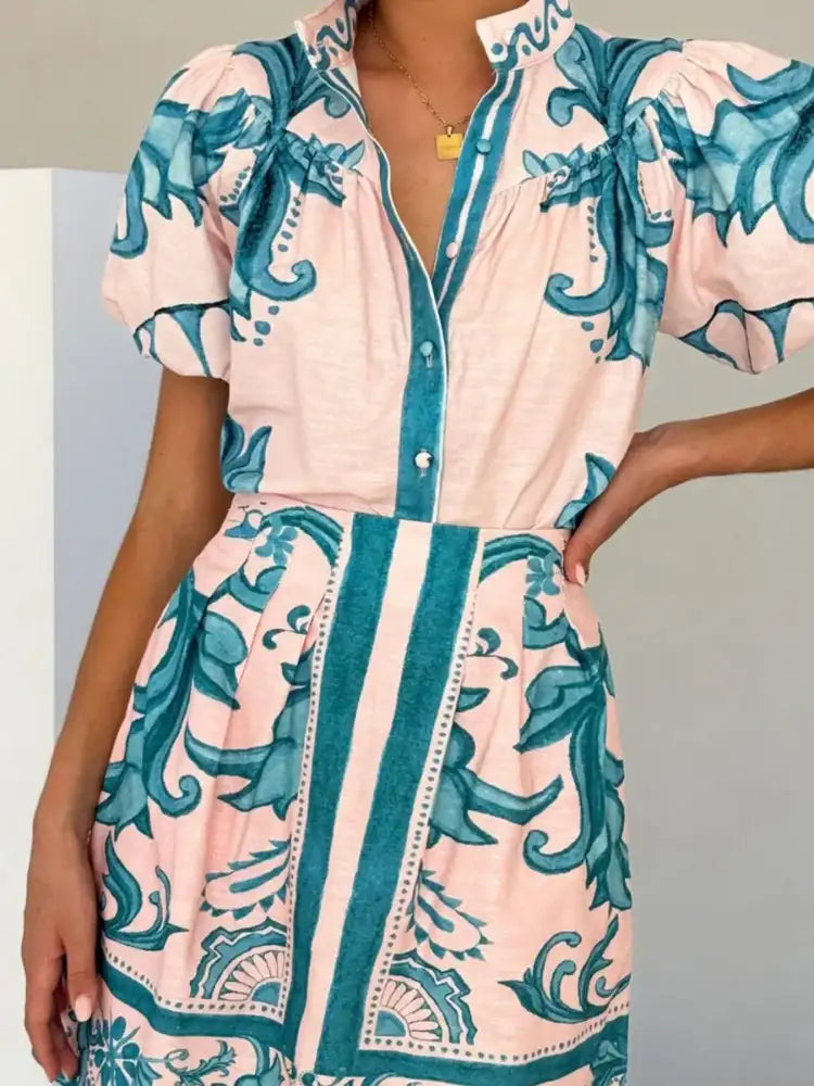 Printed Puff Sleeve Top and Skirt Set