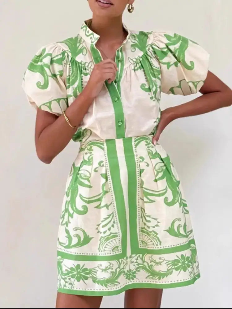 Printed Puff Sleeve Top and Skirt Set