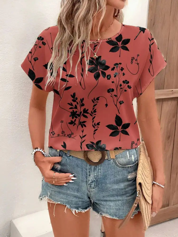 Printed Round Neck Short Sleeve Blouse