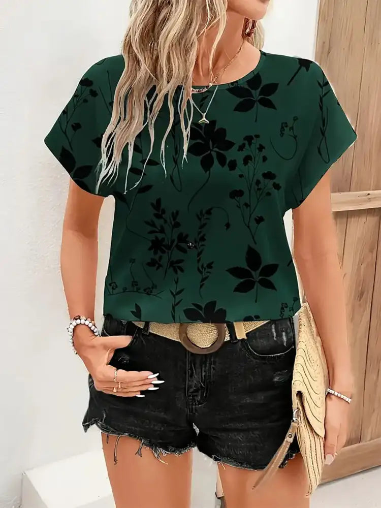 Printed Round Neck Short Sleeve Blouse