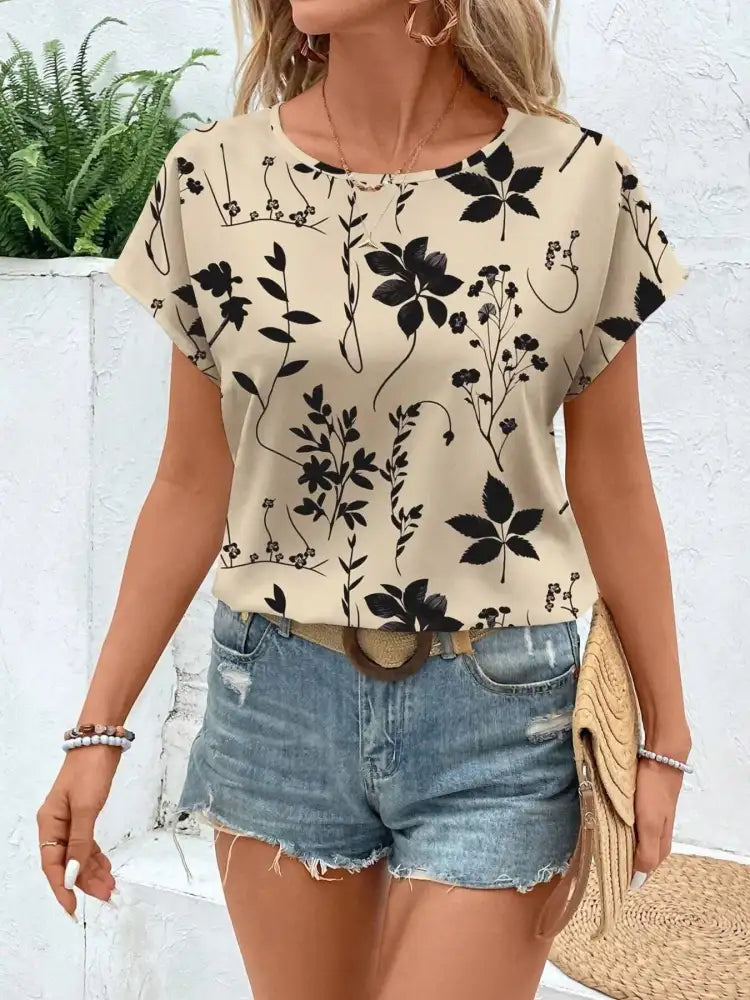 Printed Round Neck Short Sleeve Blouse