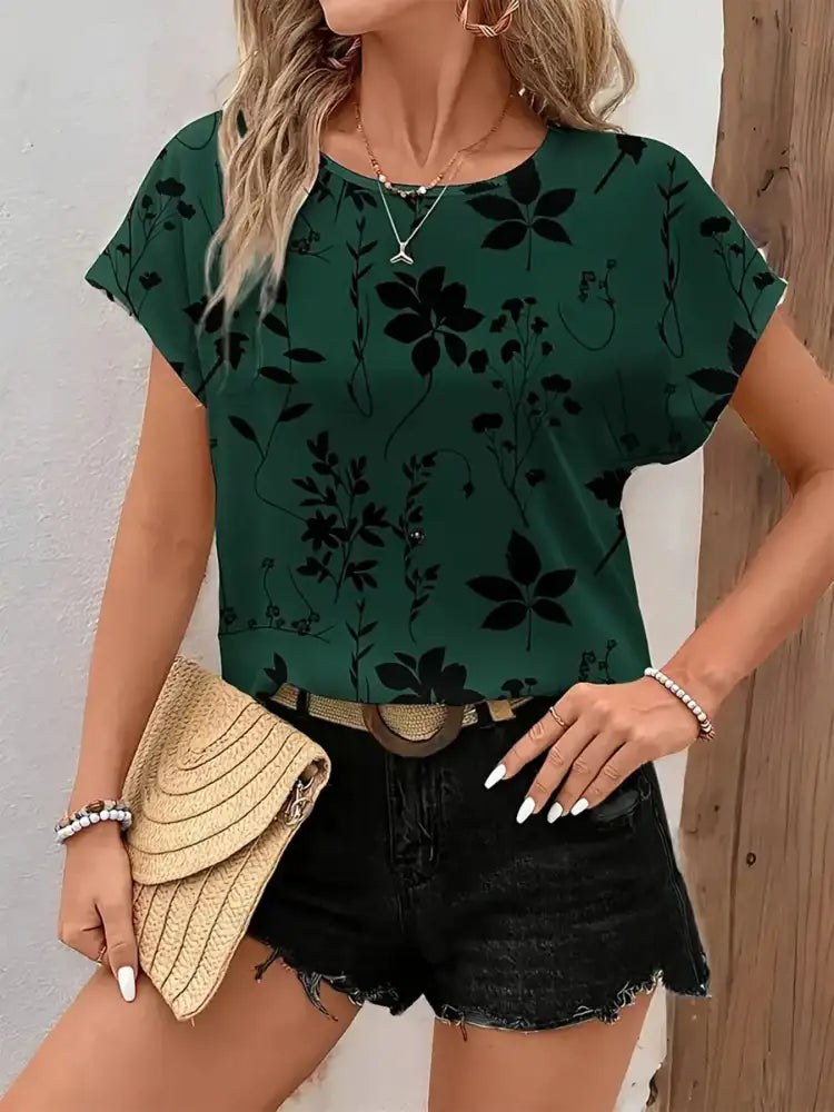 Printed Round Neck Short Sleeve Blouse