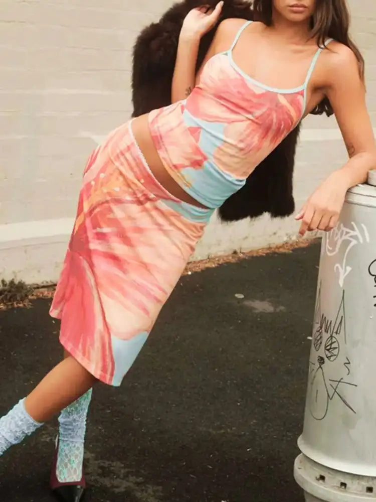 Printed Scoop Neck Cami and Skirt Set