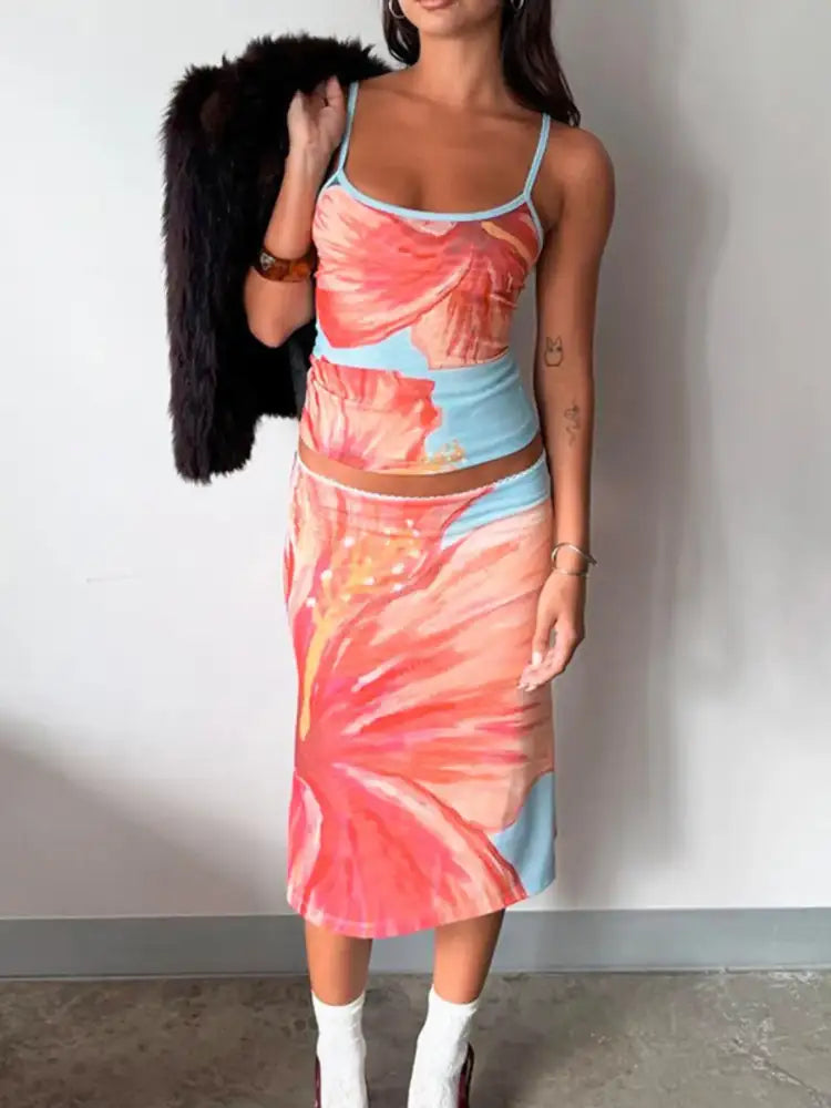 Printed Scoop Neck Cami and Skirt Set