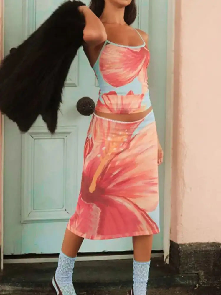 Printed Scoop Neck Cami and Skirt Set