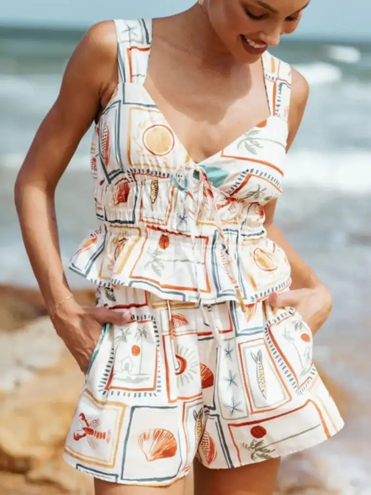 Printed Smocked Tank and Shorts Set
