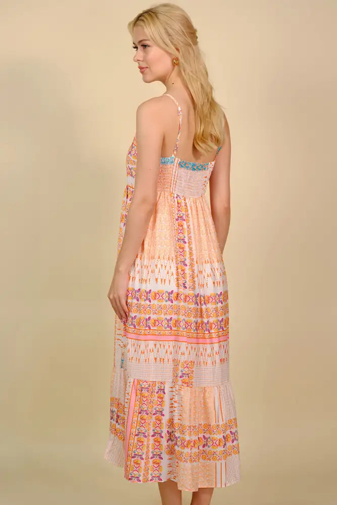 Printed Spaghetti Strap Smocked Midi Dress