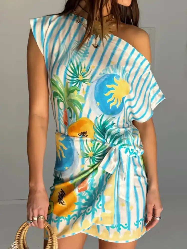 Printed Striped Single Shoulder Top and Skirt Set