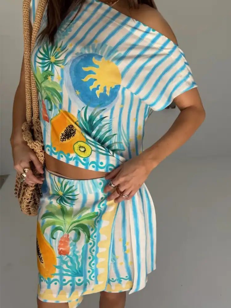 Printed Striped Single Shoulder Top and Skirt Set