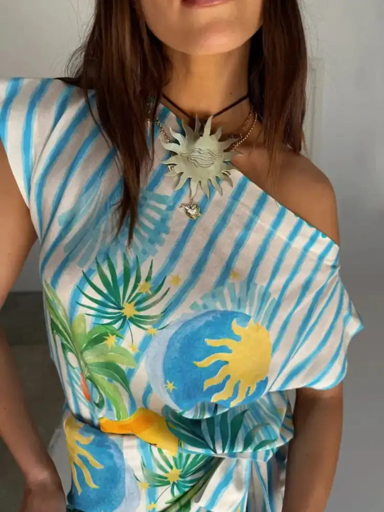 Printed Striped Single Shoulder Top and Skirt Set