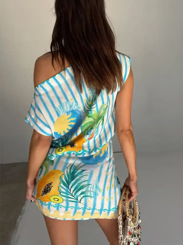 Printed Striped Single Shoulder Top and Skirt Set