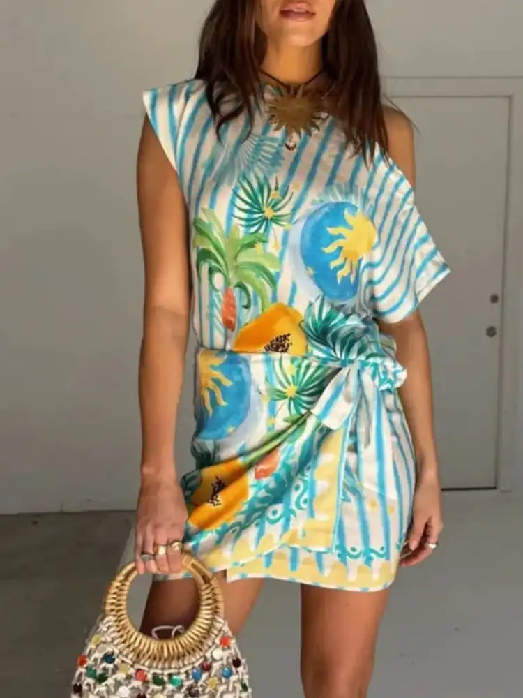 Printed Striped Single Shoulder Top and Skirt Set