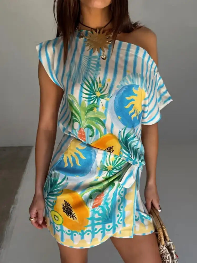 Printed Striped Single Shoulder Top and Skirt Set