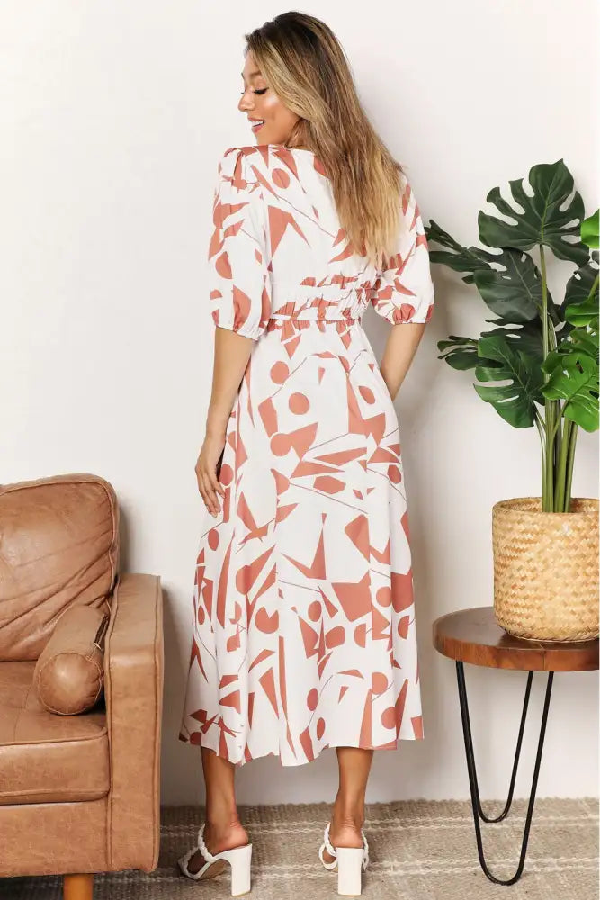 Printed Surplice Balloon Sleeve Dress