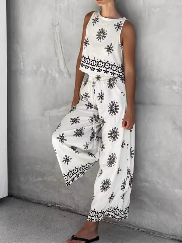 Printed Tank and Wide Leg Pants Set