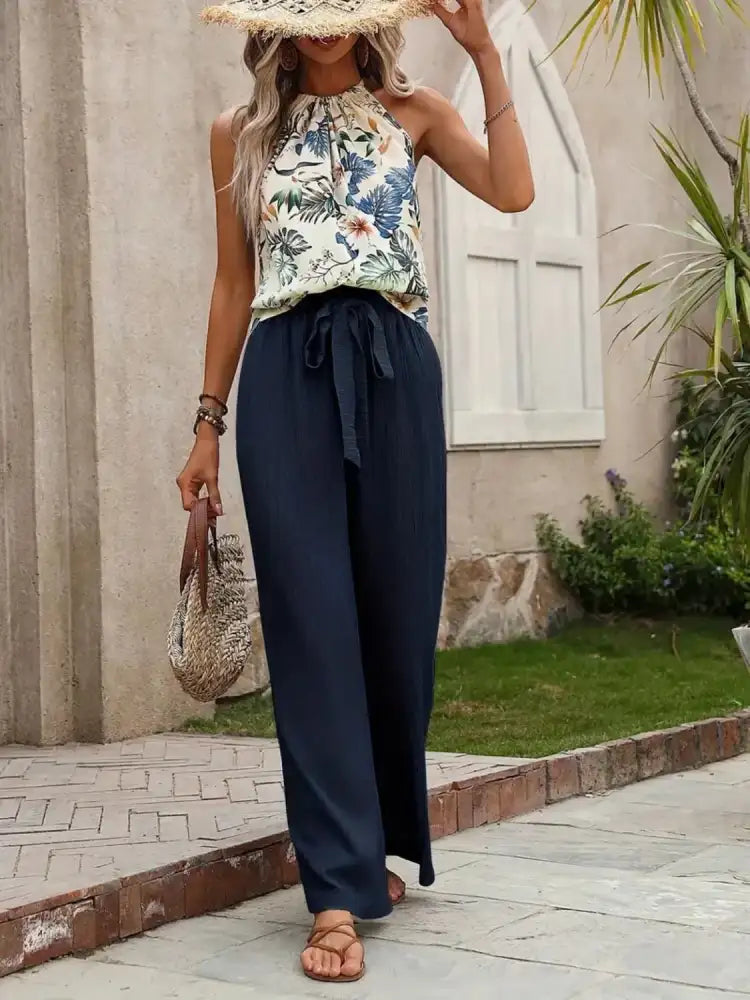 Printed Tank Top and Wide Leg Pants Set
