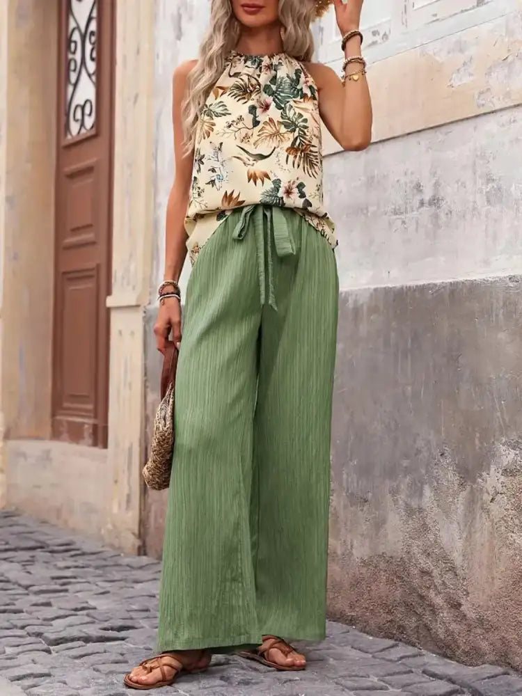Printed Tank Top and Wide Leg Pants Set