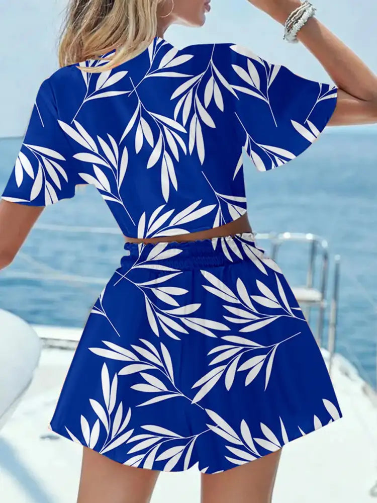 Printed Tie Front Top and Shorts Set