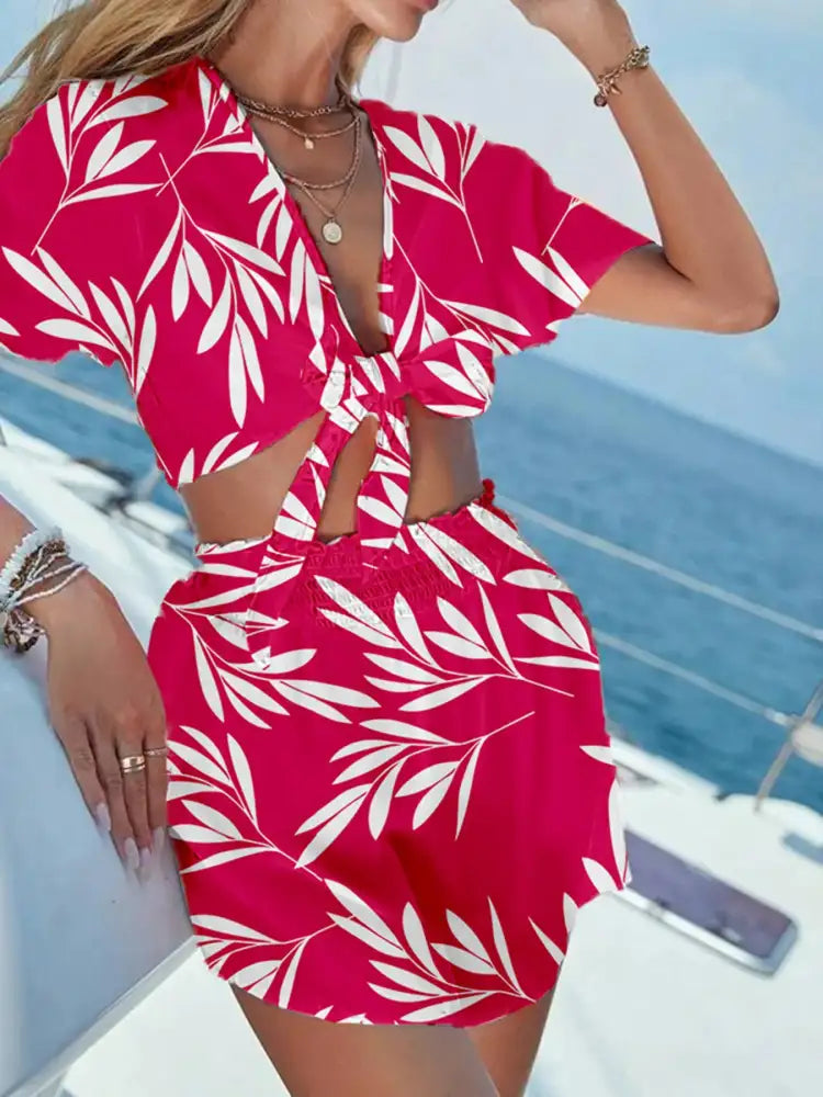 Printed Tie Front Top and Shorts Set