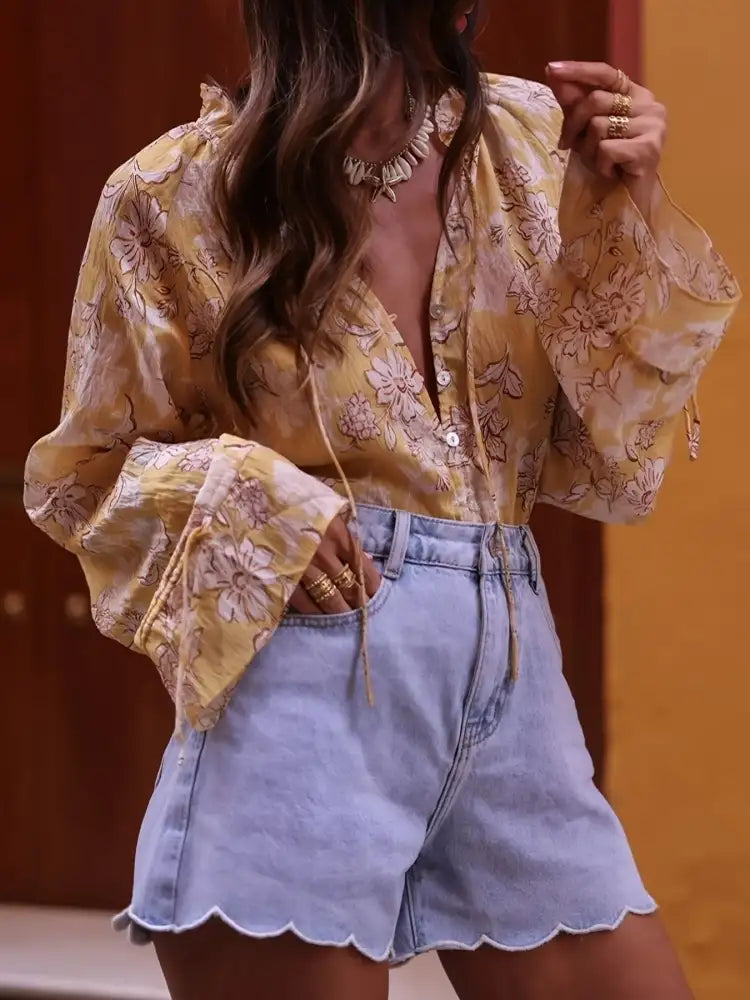 Printed Tie Neck Flounce Sleeve Blouse