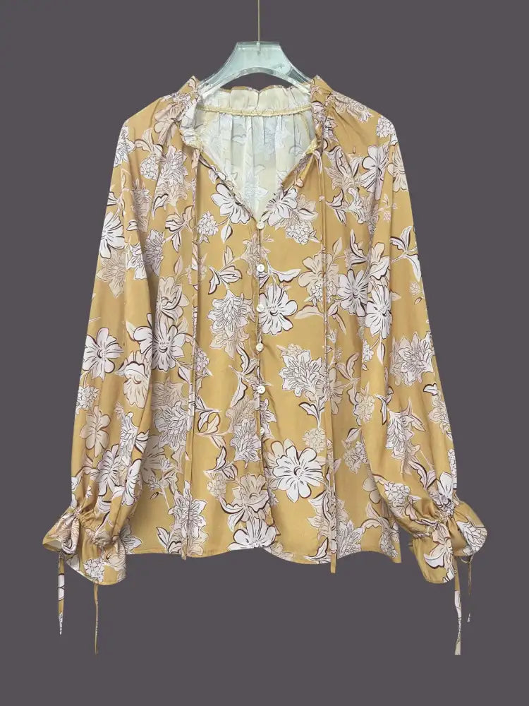 Printed Tie Neck Flounce Sleeve Blouse