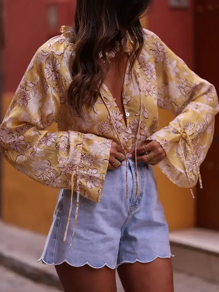 Printed Tie Neck Flounce Sleeve Blouse