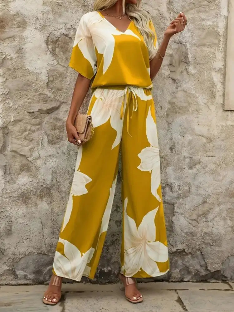 Printed V-Neck Top and Pants Set