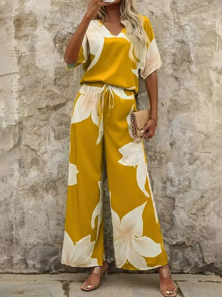 Printed V-Neck Top and Pants Set