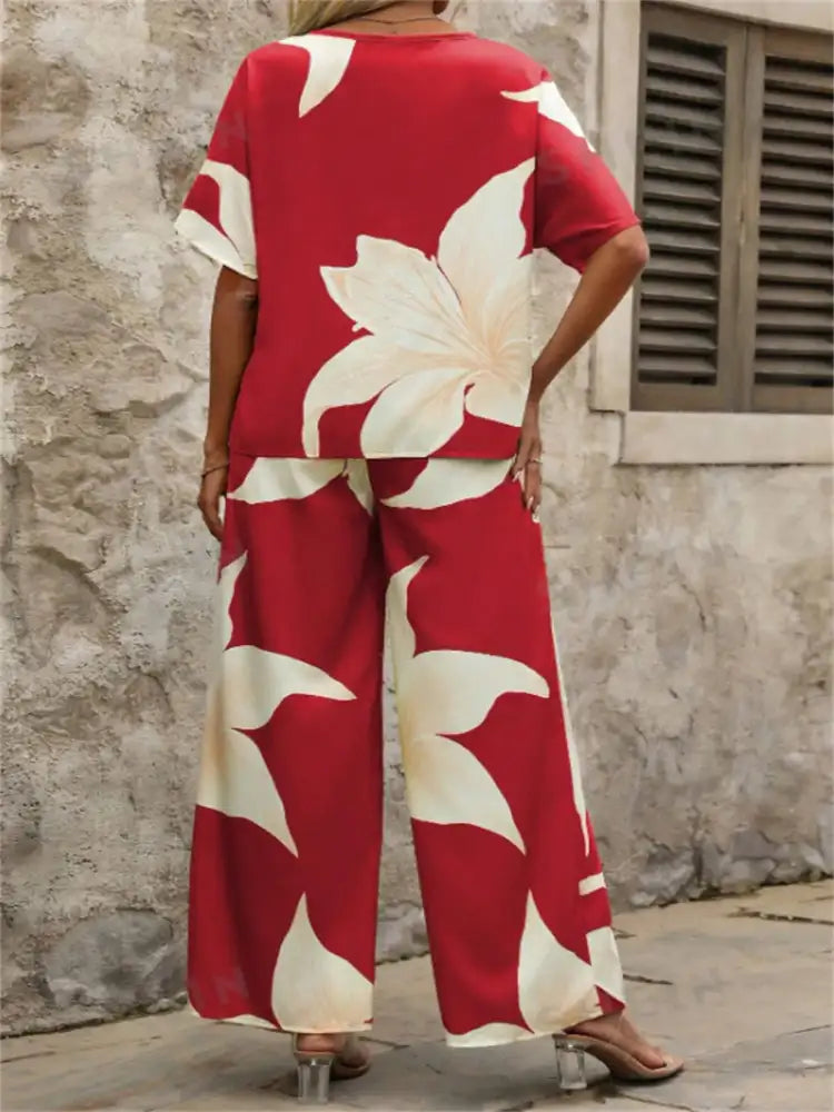 Printed V-Neck Top and Pants Set