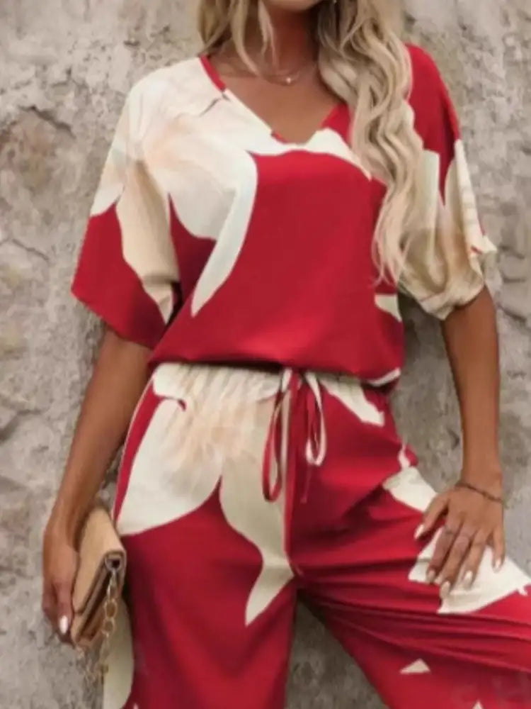 Printed V-Neck Top and Pants Set