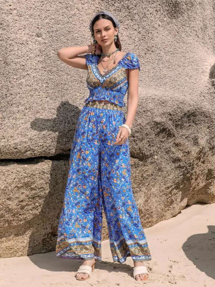 Printed V-Neck Top and Pants Set