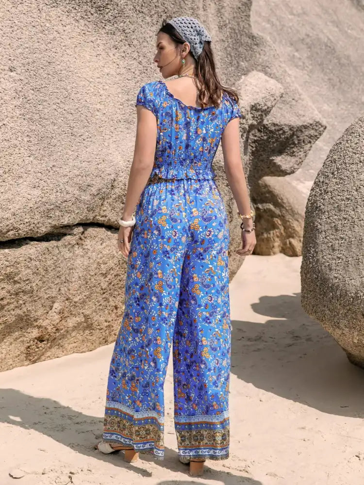Printed V-Neck Top and Pants Set