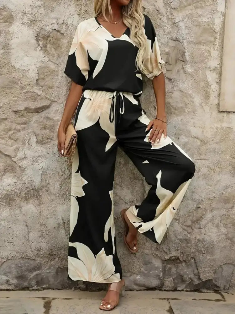Printed V-Neck Top and Pants Set
