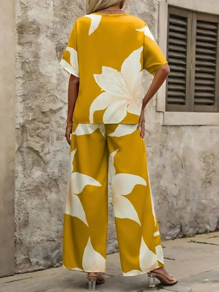 Printed V-Neck Top and Pants Set