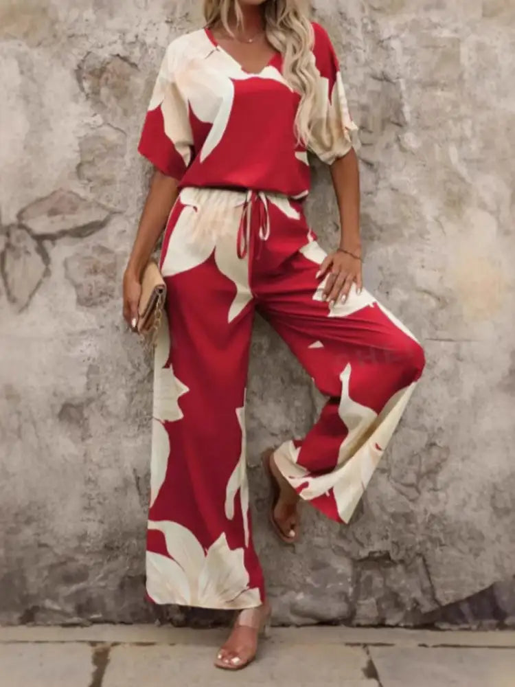 Printed V-Neck Top and Pants Set
