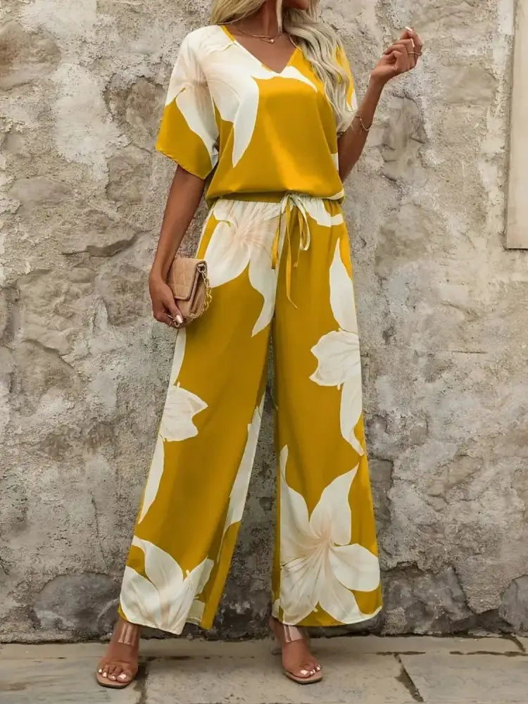 Printed V-Neck Top and Wide Leg Pants Set