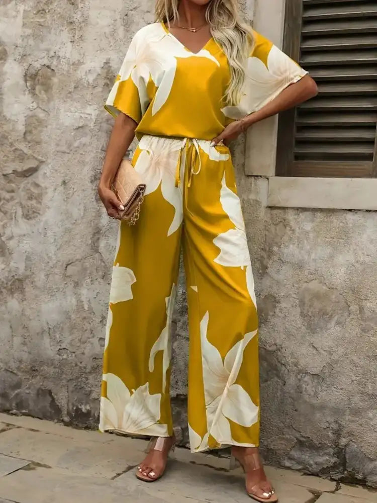 Printed V-Neck Top and Wide Leg Pants Set