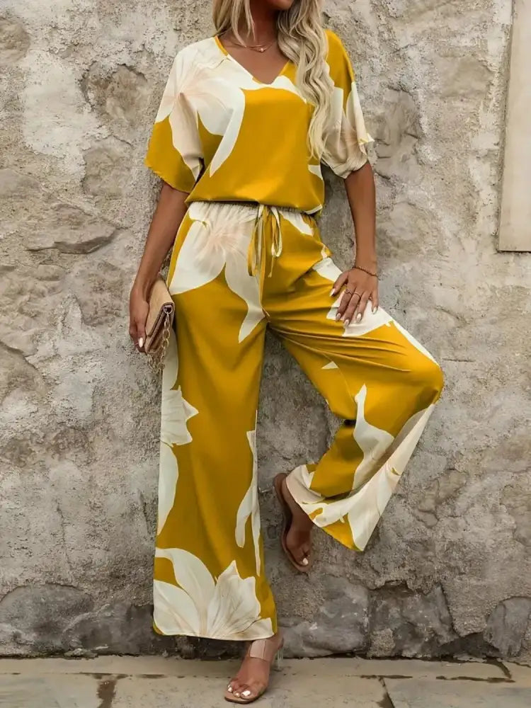 Printed V-Neck Top and Wide Leg Pants Set