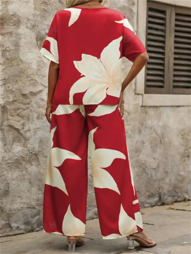 Printed V-Neck Top and Wide Leg Pants Set