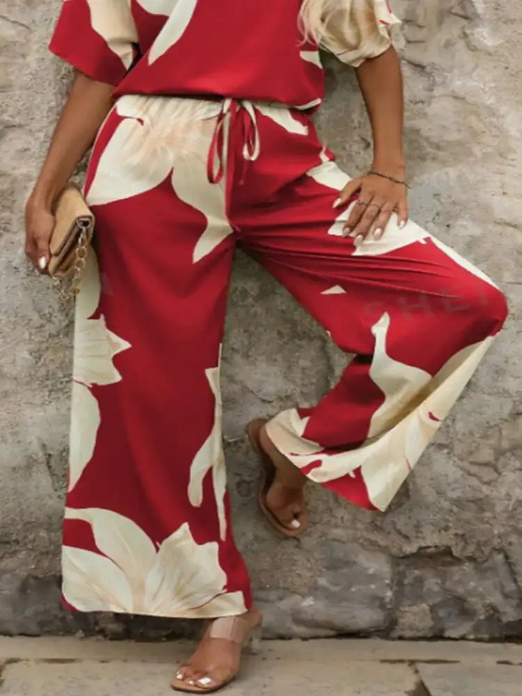 Printed V-Neck Top and Wide Leg Pants Set