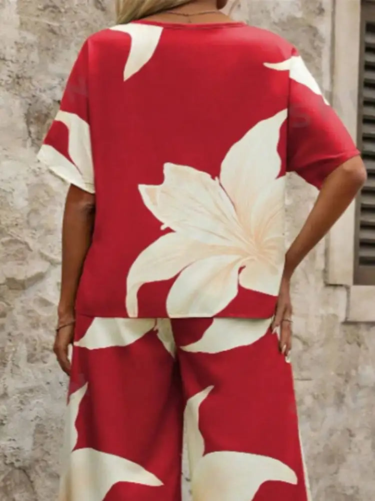 Printed V-Neck Top and Wide Leg Pants Set