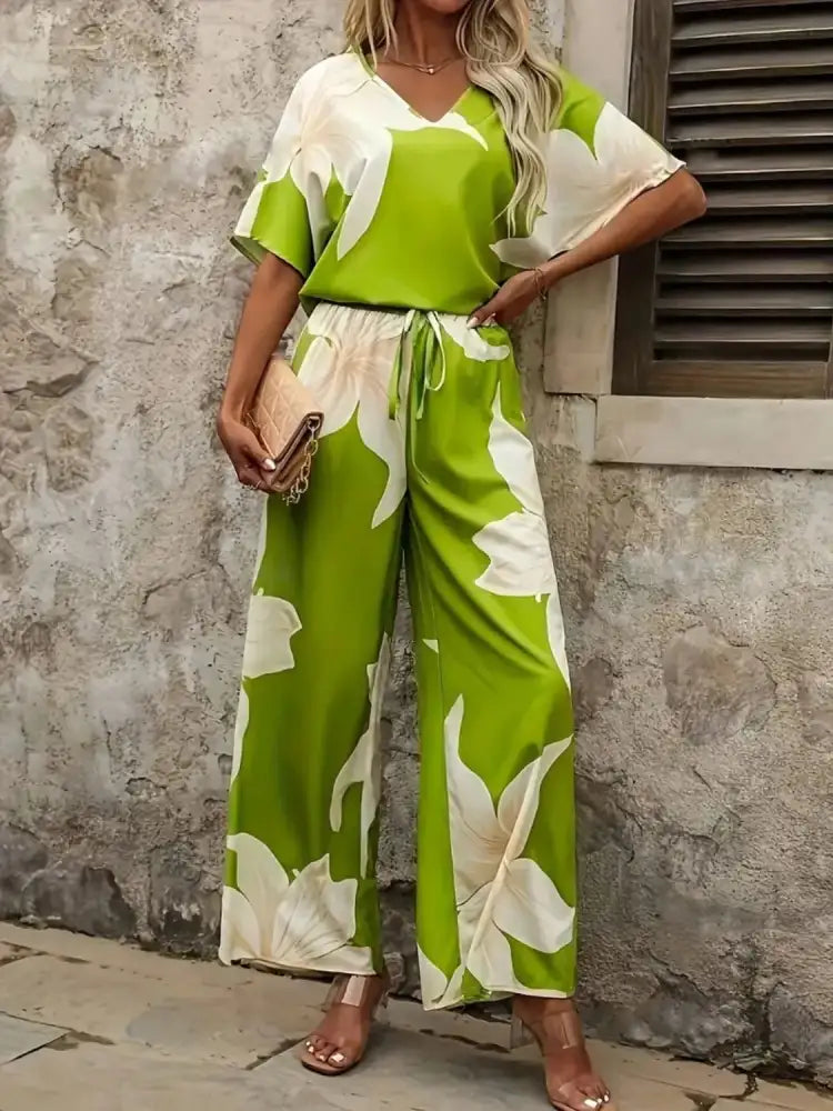 Printed V-Neck Top and Wide Leg Pants Set