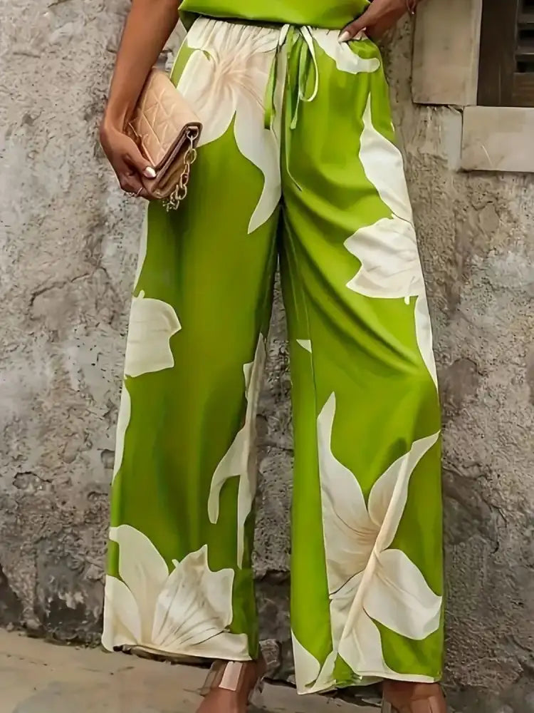 Printed V-Neck Top and Wide Leg Pants Set
