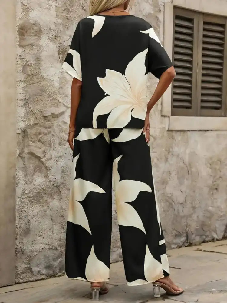 Printed V-Neck Top and Wide Leg Pants Set