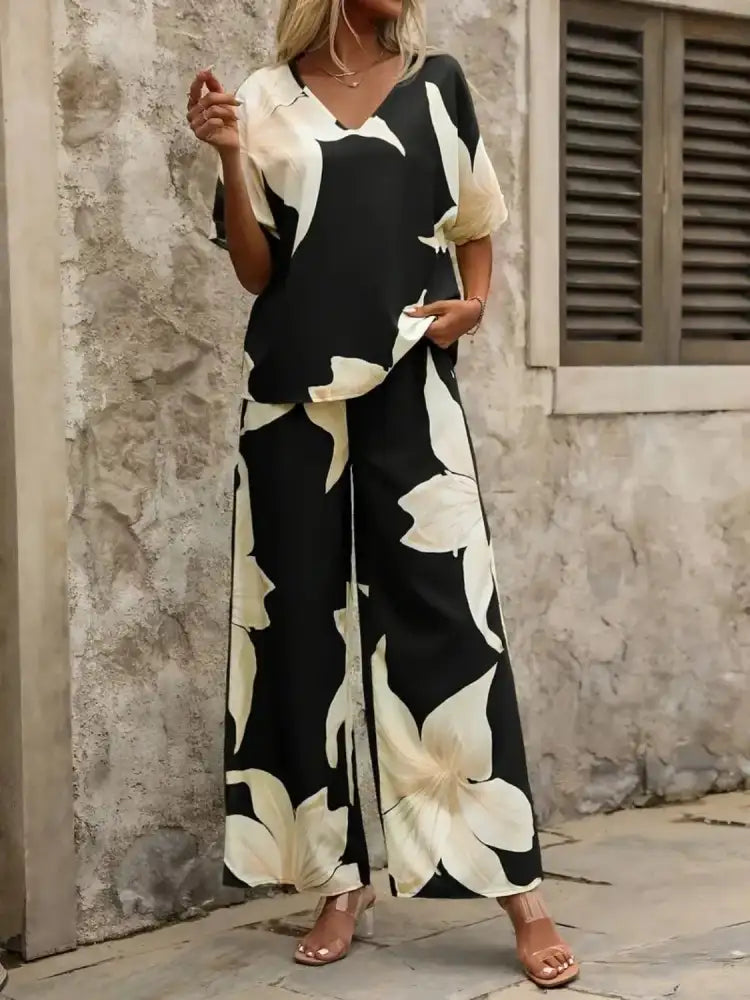 Printed V-Neck Top and Wide Leg Pants Set