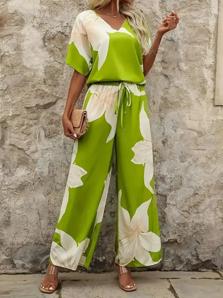 Printed V-Neck Top and Wide Leg Pants Set