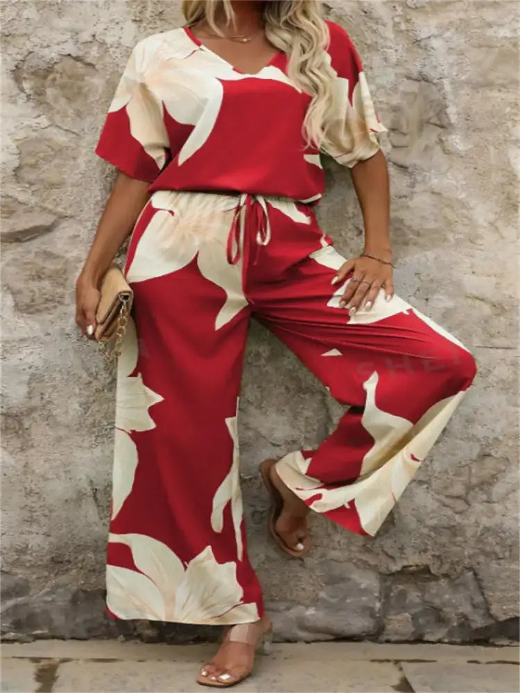 Printed V-Neck Top and Wide Leg Pants Set
