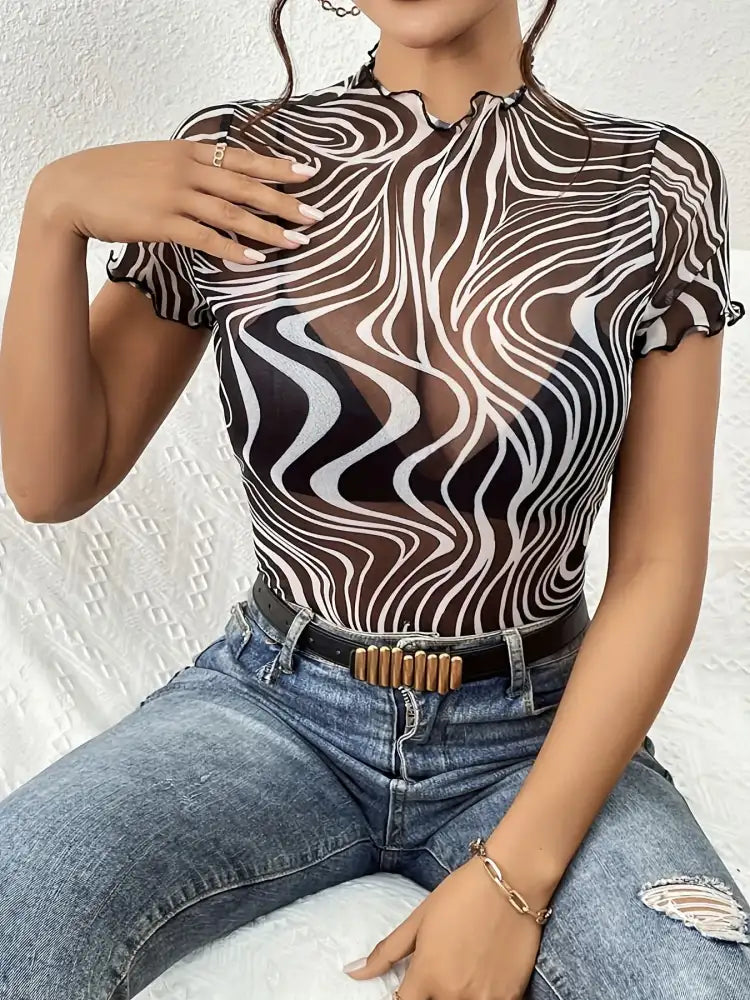 Psychedelic Wave Print Mock Neck T-Shirt