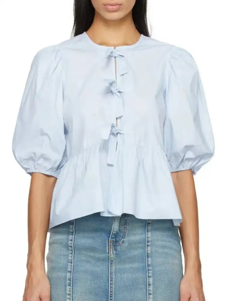 Puff Sleeve Bow Tie Blouse
